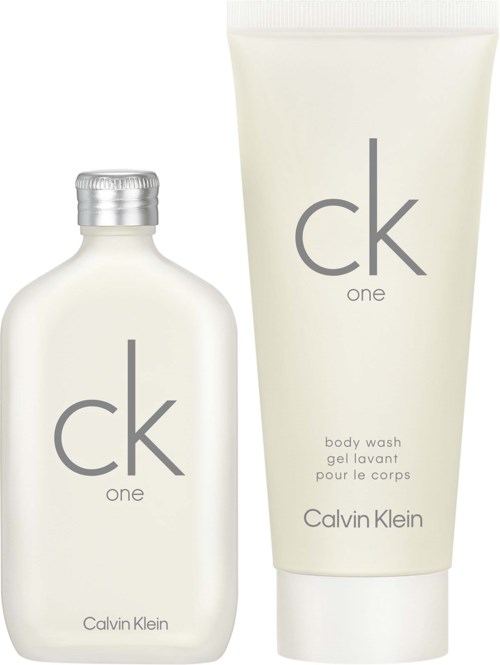 Calvin Klein CK One Duschgel in einer weißen Flasche und einer passenden Tube mit grauem Text.