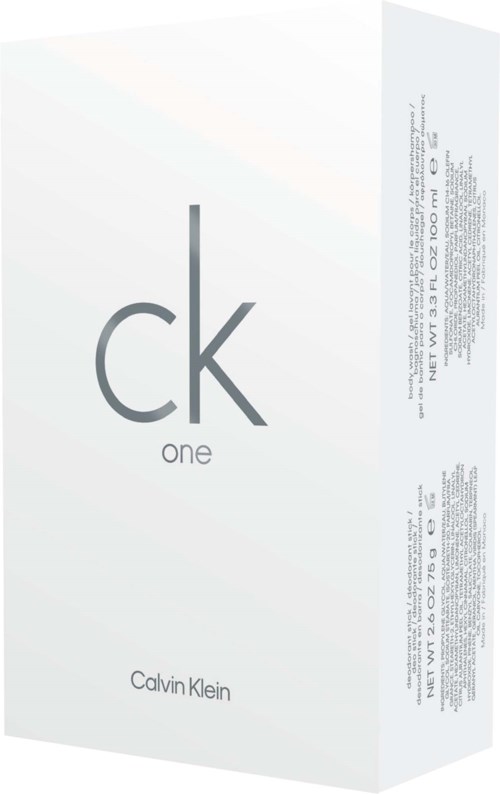 Calvin Klein CK One parfymeinnboks med minimalistisk hvit design og svart tekst.