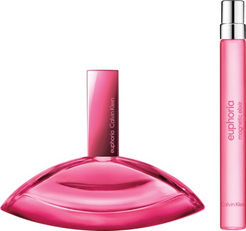 Euphoria Parfümflasche und Testnebel mit rosa Verpackung von Calvin Klein.