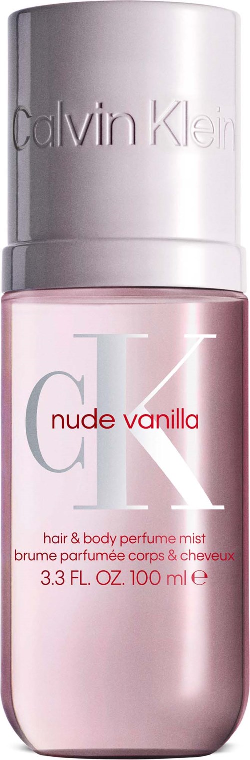 En pink Calvin Klein nude vanilla parfume mist med sølvhoved og gennemsigtig etiket, der viser produktdetaljer.