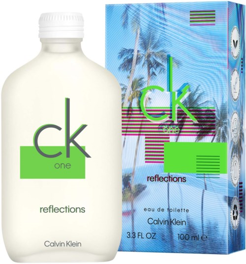 Calvin Klein CK One Reflections parfymeflaske med en tropisk bakgrunn på emballasjen.