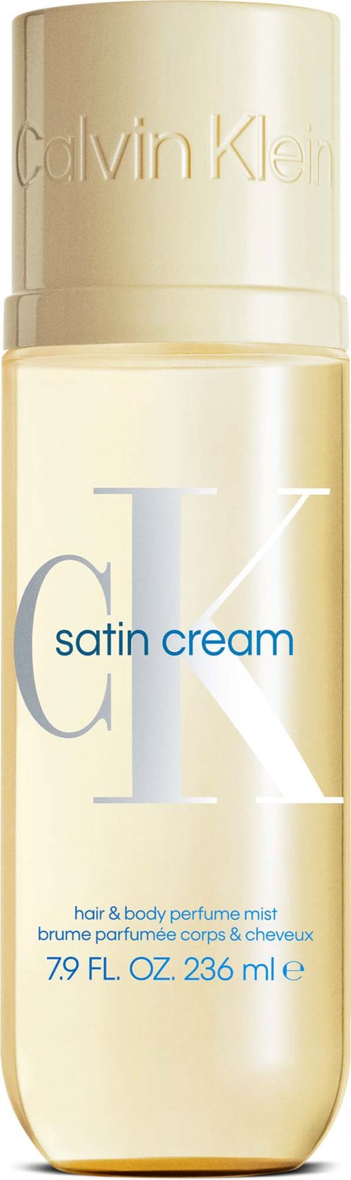 Calvin Klein satin cream haar- en body mist fles met een lichtbeige dop en crèmekleurig label.