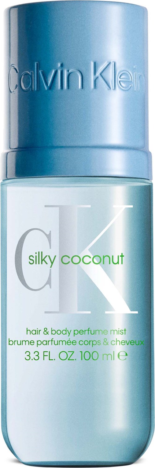 Calvin Klein silky coconut parfum mist in een lichtblauwe sprayfles met bijpassend deksel.