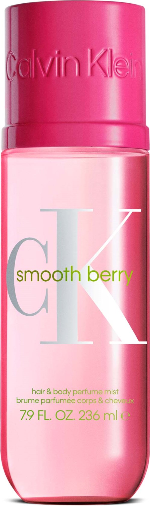 Een roze flesje van Calving Klein CK Smooth Berry haar- en bodyparfum mist met roze dop en logo.