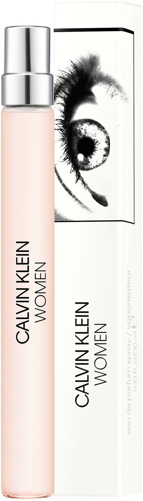 En parfyllflaska med feminin design, med en stor ögonillustration på förpackningen, märkt 'Calvin Klein Women'.