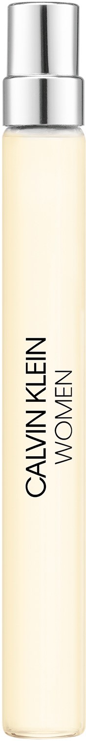 A tall, slim perfume bottle with a silver cap, labeled 'CALVIN KLEIN EAU DE WOMEN'.