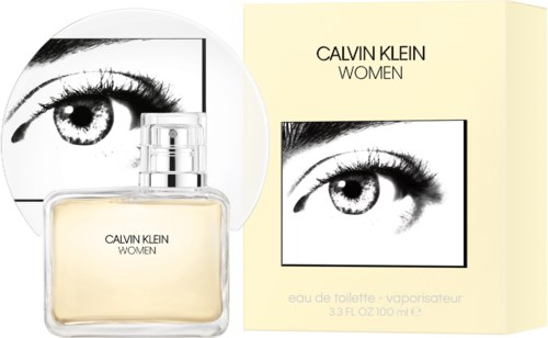 A perfume box and bottle for Calvin Klein Women, featuring a large eye illustration and simple text.