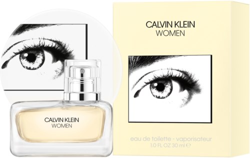 En Calvin Klein Women parfymflaska och förpackning med en svartvit ögillustration.