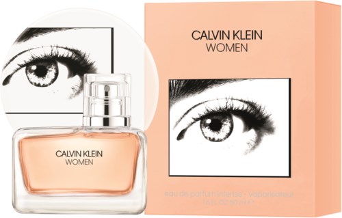 A perfume bottle and box design with a black-and-white eye illustration, labeled 'Calvin Klein Women.'
