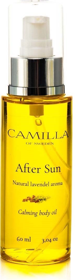 Keltainen pullo Camilla After Sun -kroppöljyä, laventelin tuoksu, pumppumekanismi.
