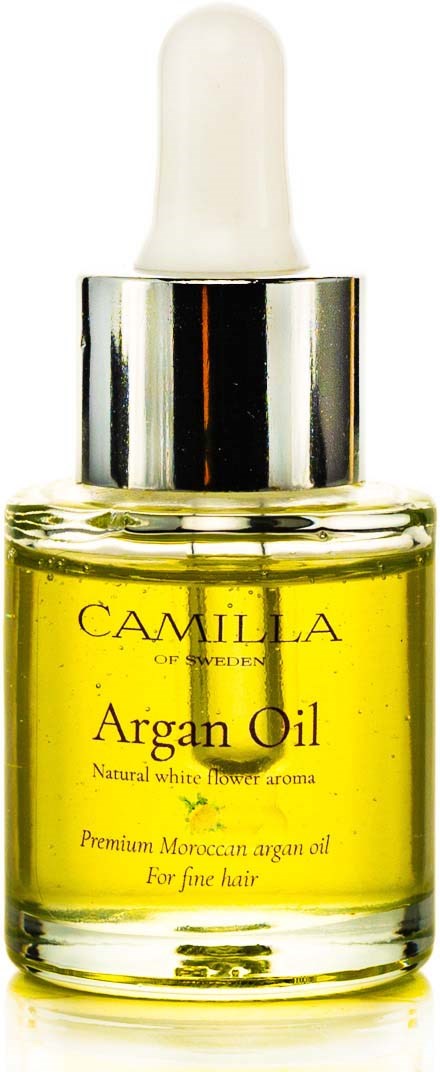 A small bottle of Camilla Argan Oil with a white dropper cap, containing yellow oil. The label mentions it's for hair.