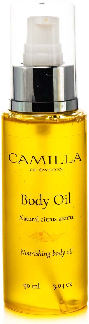 Keltainen vartaloöljypullo, jossa on selkeä pumppu, merkinnät 'Camilla of Sweden, Nourishing body oil, Natural citrus aroma.'