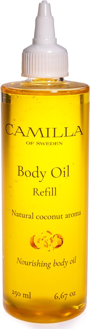 Geel refill fles voor lichaamsolie met witte spuitdop, met label 'Camilla of Sweden' en 'natuurlijke kokosgeur.'