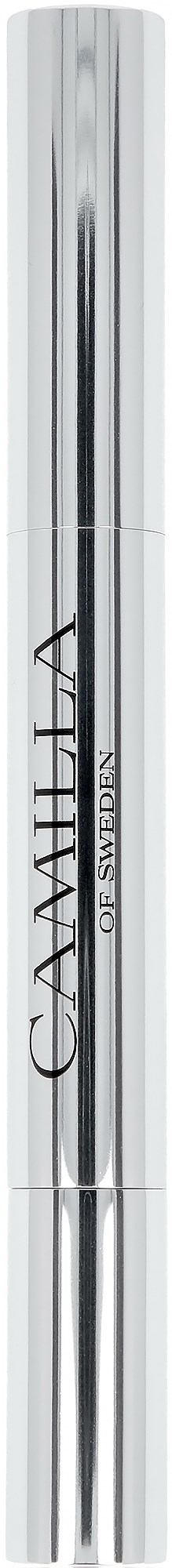 Een zilverkleurig cilindrisch make-upproduct met zwarte en witte tekst. Het lijkt mascara of eyeliner.