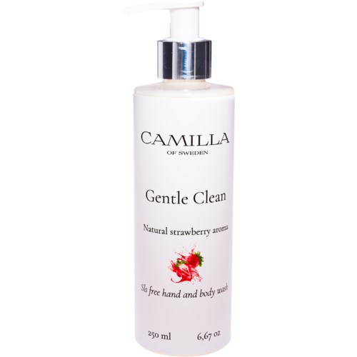 Valkoinen pumppupullo, jossa lukee 'Camilla Gentle Clean', käsitarkka ja vartalopesu, mansikkainen tuoksu, 250 ml.