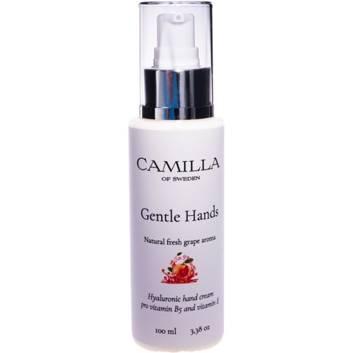 Een witte fles handcrème met pump, gelabeld 'Camilla of Sweden, Gentle Hands, natural grape aroma.'