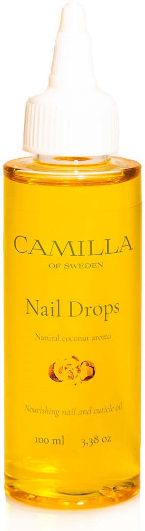 En gul flaske med Camilla neglelakkdråper med hvit pipettlokk. Teksten nevner naturlig aroma og nærende effekt.