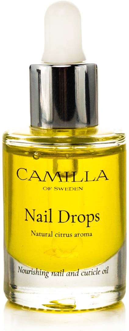 Een kleine glazen fles met gele vloeistof, pipetdop, gelabeld 'Camilla Nail Drops' met natuurlijke citrusgeur en olie.
