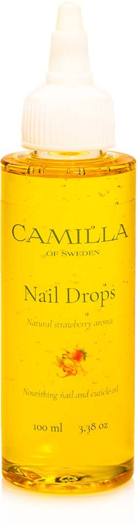 Gul flaske med hvit dråpekork, merket 'Camilla of Sweden Nail Drops' med naturlige ingredienser.