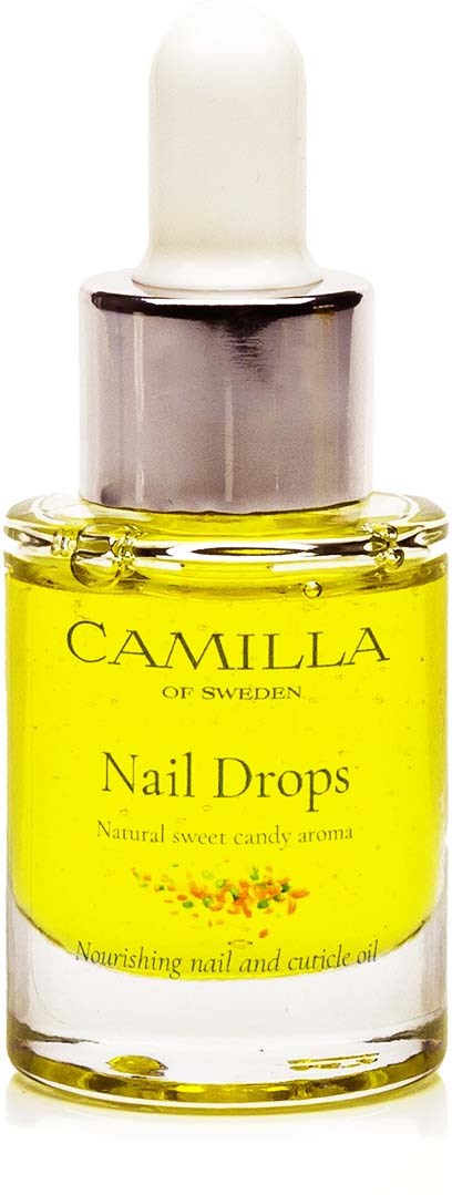 En gul neglelakkdråperflaske med en hvit dråpetupp, merket 'Camilla of Sweden' og 'Nail Drops.'