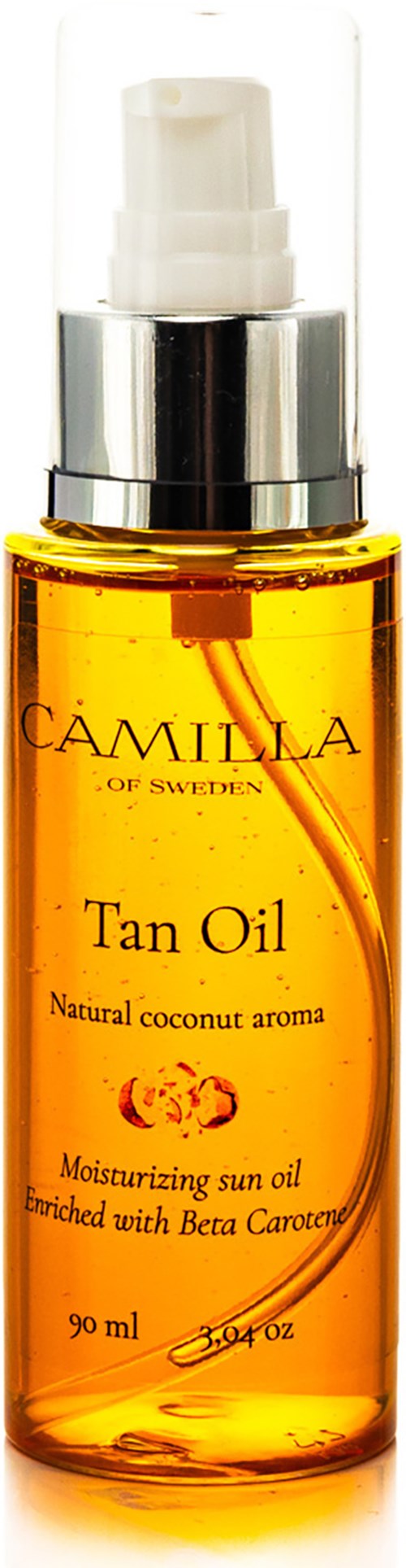 Camilla Tan Oil -pullo, jossa on luonnollinen kookossavu naturaali ja kosteuttava auringon öljy, oranssi neste, hopea- ja valkoinen korkki.