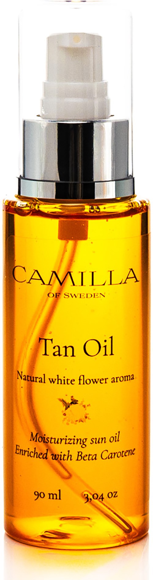 En liten flaska med brun olja med pump, märkt 'Camilla of Sweden,' innehållande naturlig blomdoft och återfuktande sololja.