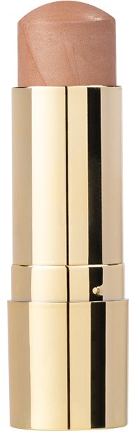 A lipstick with a gold case and light pink lipstick inside.
