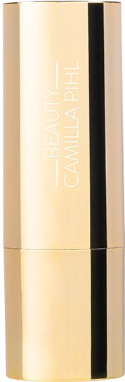 A gold-colored cylindrical container with black vertical stripe and white text reading '_BEAUTY_ CAMILLA PHIL'.