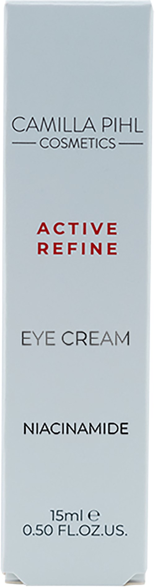 Vaaleansininen laatikko sisältää silmänympärynohoundetta Camilla Pihl Cosmeticsilta, nimeltään 'Active Refine' niasiiniamidilla, 15 ml.