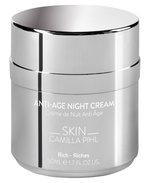 Silverburk med nattkräm för åldrandet, vit text. Den heter "Skin Camilla Pihl" och "Rich Riche".
