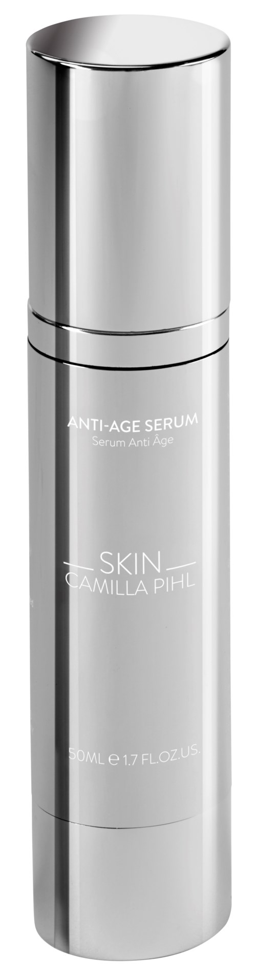 Srebrna, cylindryczna butelka serum przeciwstarzeniowemu do skóry z błyszczącą nakrętką.