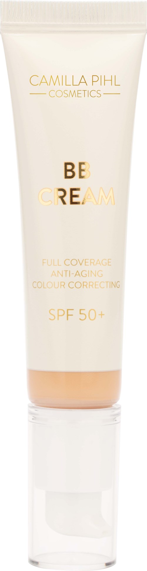 Valkoinen ihonhoitovoideputki, jossa kullan- ja vaaleanpunainen teksti, SPF 50+ aurinkosuojaksi.