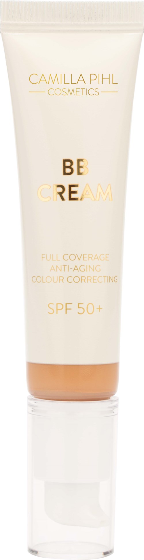 Valkoinen putkilö, jossa beigeä ja kultaisia yksityiskohtia, nimeltä Camilla Pihl Cosmetics Be Cream, SPF 50, kasvonsuojaukseen.