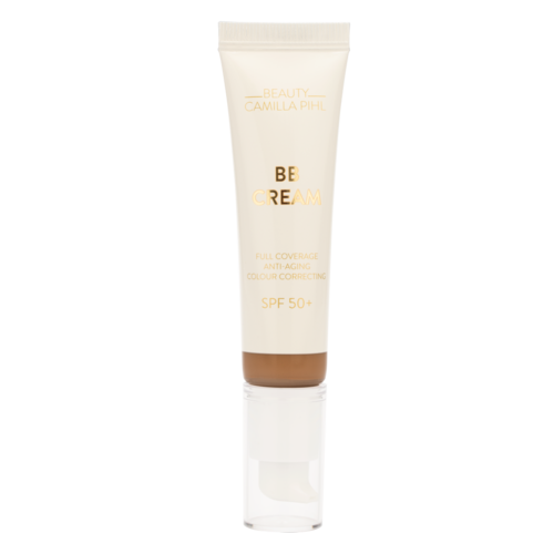 A white tube of beauty cream with SPF 50, labeled 'Beauty' and 'Camilla Ffrench,' with a brown bottom.