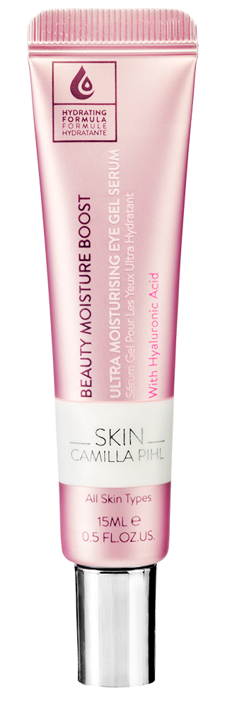 L-feedbackstoppsrör för hudvårdsprodukt med etiketten 'Beauty Moisture Boost' och 'Camilla Pihl' skrivet på den.