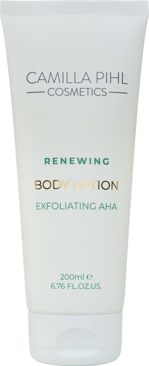 Biała tubka z napisem Camilla Pihl Cosmetics, tytuł 'Renewing Body Lotion' z 'Exfoliating AHA' i informacje o rozmiarze.