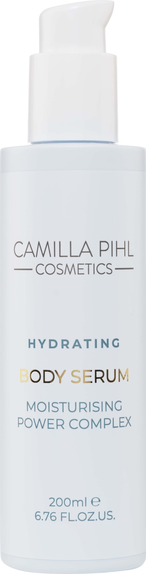 En vit flaska med pumphandtag med hydratiserande body serum. Text på flaskan nämner återfuktning och kraftkomplex.