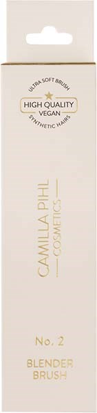 En lång, vit förpackning med guld- och svart text som visar en vegansk syntetisk hårblandningsborste från Camille Phil Cosmetics.