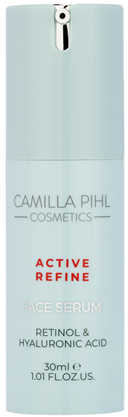 Butelka do pielęgnacji skóry od Camilla Pihl Cosmetics, oznaczona jako Active Refine Face Serum z retinolem i kwasem hialuronowym.