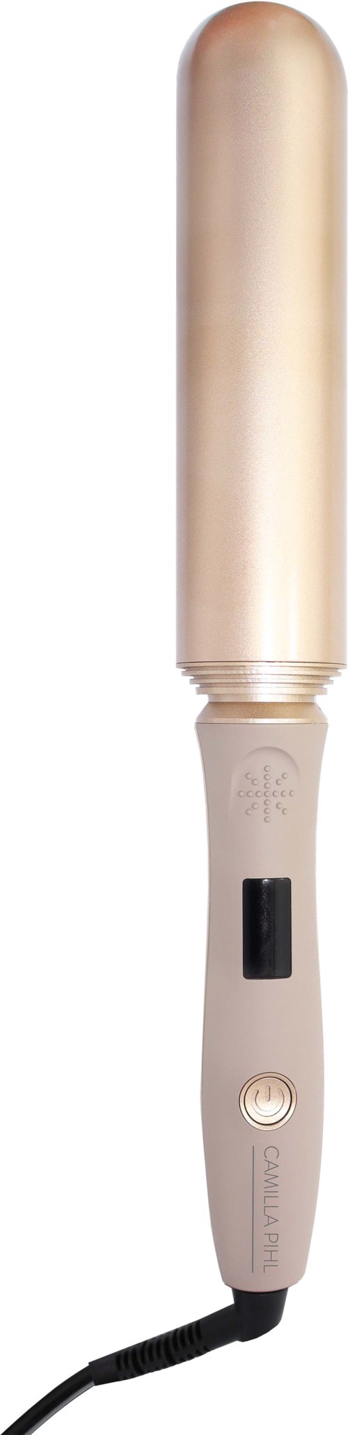 A beige curling iron with a black switch and a power button, and a cord attached at the bottom.