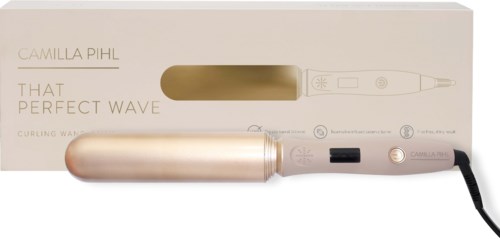A curling wand with a rose gold handle, power button, and a box displaying the product name and features.