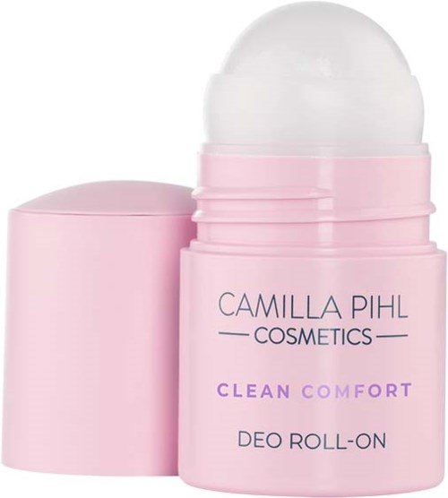 Różowe opakowanie z kulką do nakładania dezodorantu. Tekst mówi Camilla Pihl Cosmetics Clean Comfort. Pokrywka zdjęta.