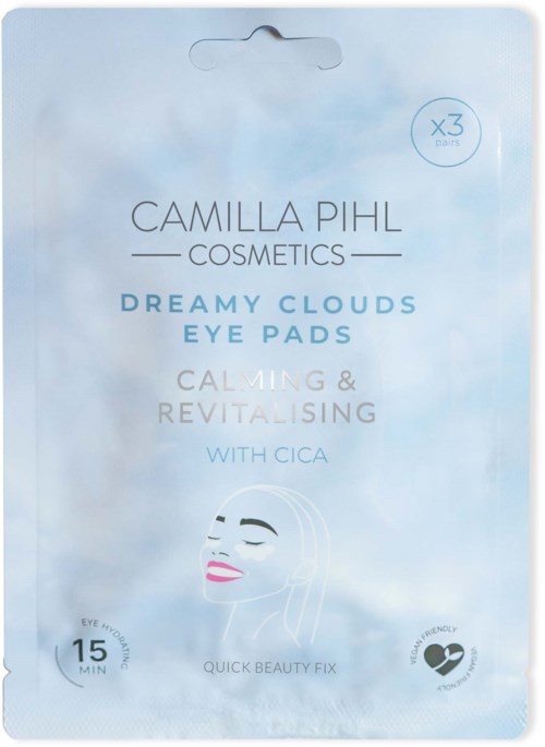 Pakning for Camilla Pihl Cosmetics Dreamy Clouds Eye Pads med en tegning av et ansikt og notater om bruken.