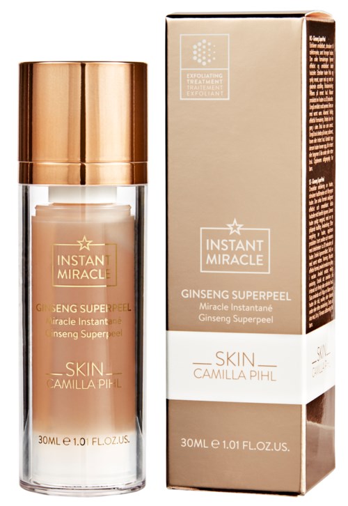 En hudplejeprodukt kaldet Instant Miracle Ginseng Super Peel med guld- og beige emballage og en glasflaske.