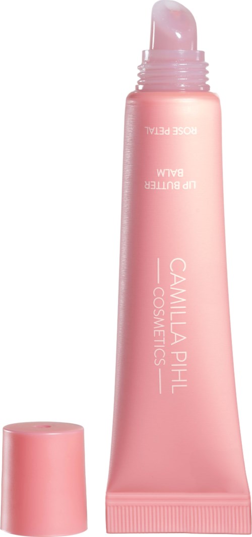 Różowa tubka kremu pielęgnacyjnego z nakrętką, oznaczona 'Camilla Phil Cosmetics' i 'Use water-based balm' na białym tle.