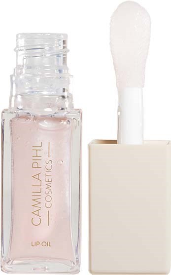 A small clear bottle of lip oil with a white applicator brush inside a square container.