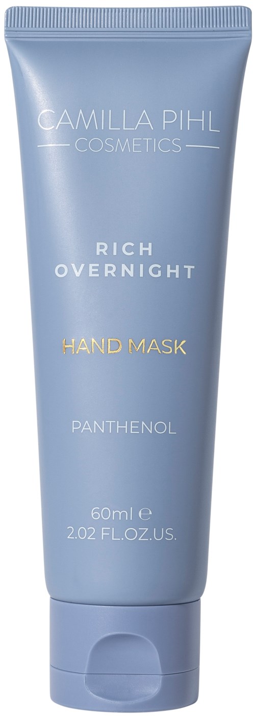 Sininen putkilokäsien naamiolle nimeltä "Camilla Pihl Cosmetics Rich Overnight Hand Mask" ja pääainesosina panthenolia.