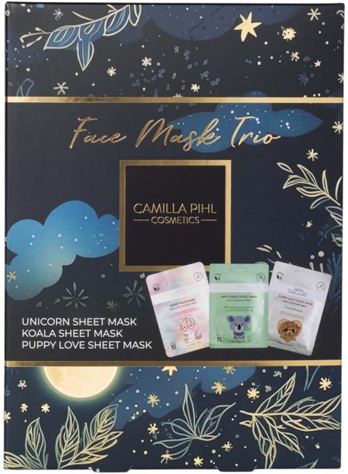 A box with three face masks, can be unicorn, koala, and puppy, set against a starry night sky with plants.