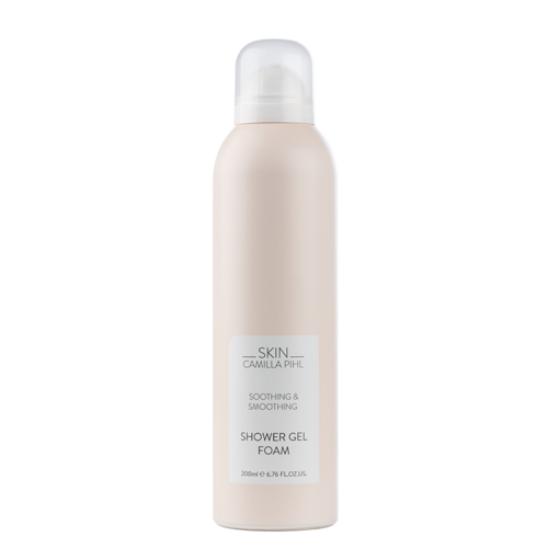 En beige dusjskumflaske med hvit kapsel, merket som beroligende og mykgjørende, 200ml.