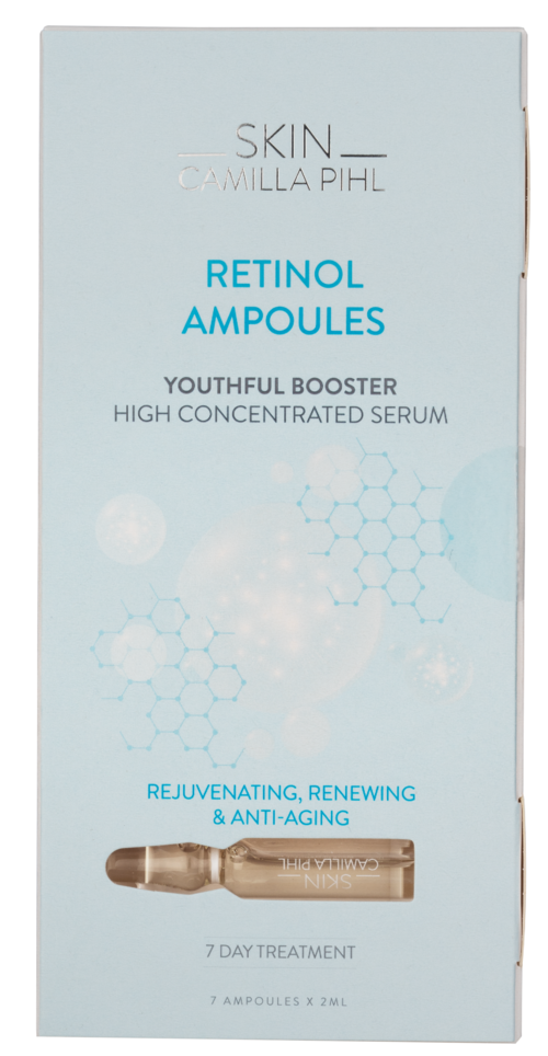 Förpackning med hudvårdsretinolampuller för ungdom, förnyelse och anti-aging. Innehåller 7 ampuller för en 7-dagars behandling.